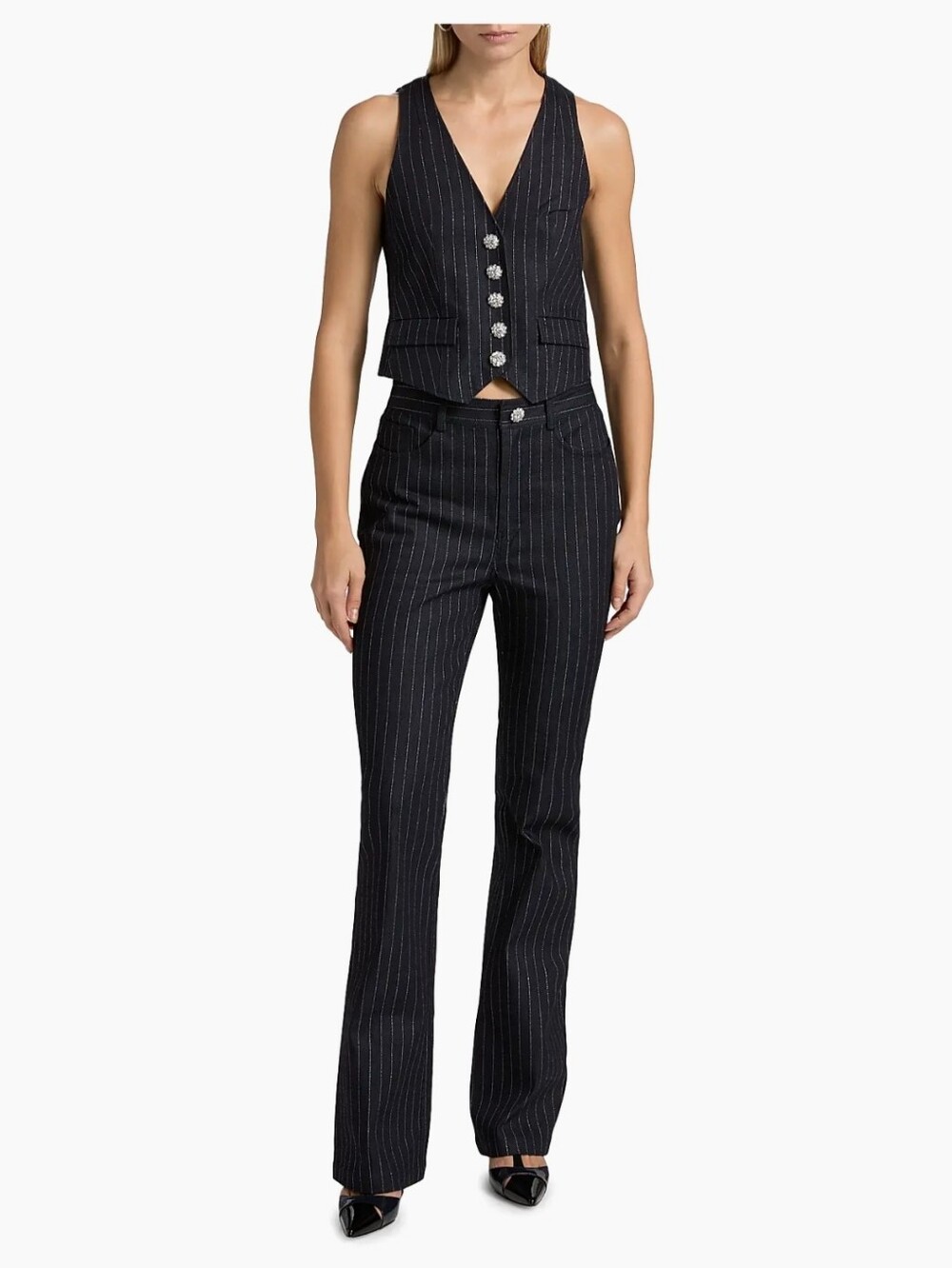 Cinq a Sept☆ Metallic Pinstripe Anderson Vest & Shailene Crystal Button Pants